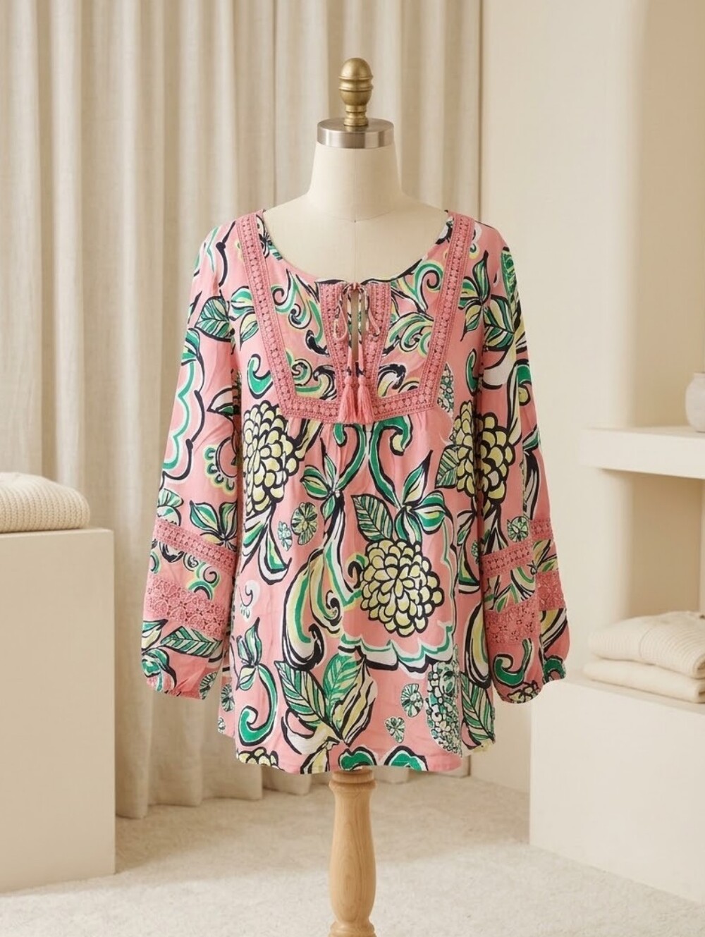 Crown & Ivy XL Pink Green Botanical Embroidered Blouse
